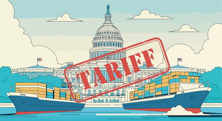 illustration of the US Capitol building with a giant 'TARIFF' stamp over international trade ships, symbolizing US tariffs on imports