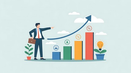 Businessman Pointing at Growing Graph Showing Success and Progress