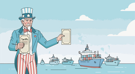 Illustration showing Uncle Sam holding a large tax bill labeled 'Tariffs' while pointing at cargo ships entering US ports