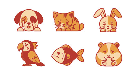 Collection of cartoon animals displaying sadness and crying with tears on a white background design art
