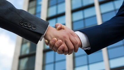 Businessmen shaking hands in front of modern office building
