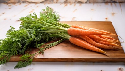 a bunch of fresh carrots with greens still attached lying on a wooden chopping board