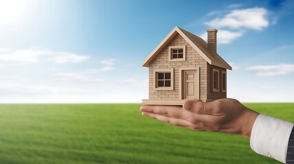 Hand Holding Small Wooden House Model Against Green Field