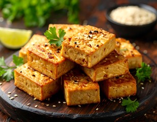Crispy tofu cubes, seasoned and garnished