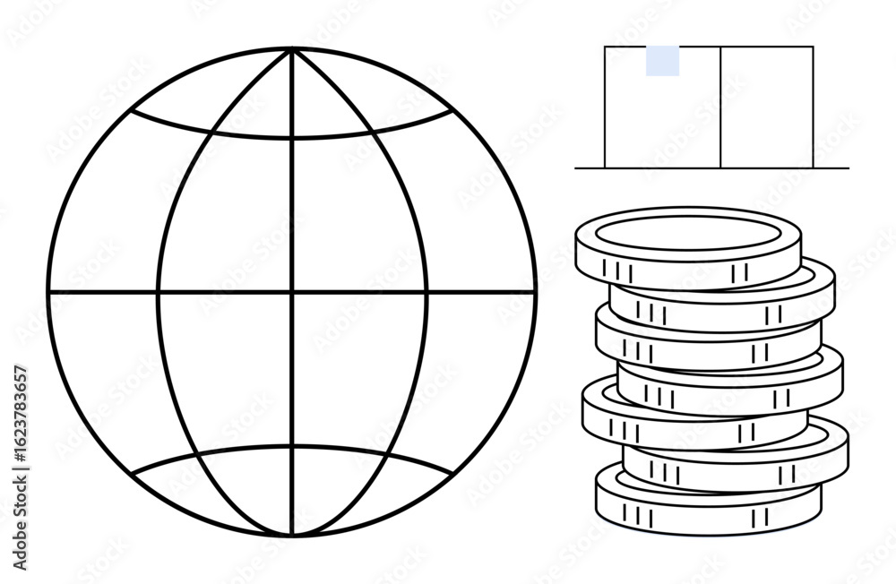 Poster globe representing global connection, stacked coins symbolizing finance, and minimal chart for data 