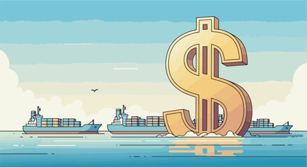 Illustration of a giant dollar sign forming a barrier in the ocean, blocking cargo ships with various countries’ flags, symbolizing US tariffs.