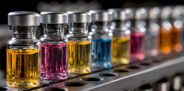 Array of sample vials in a gas chromatography autosampler tray, research, gc, vials