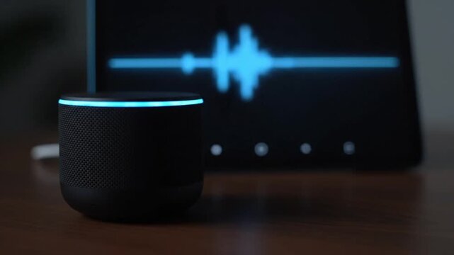 A smart speaker with a blue light ring listens as a soundwave animation plays on a screen behind it.