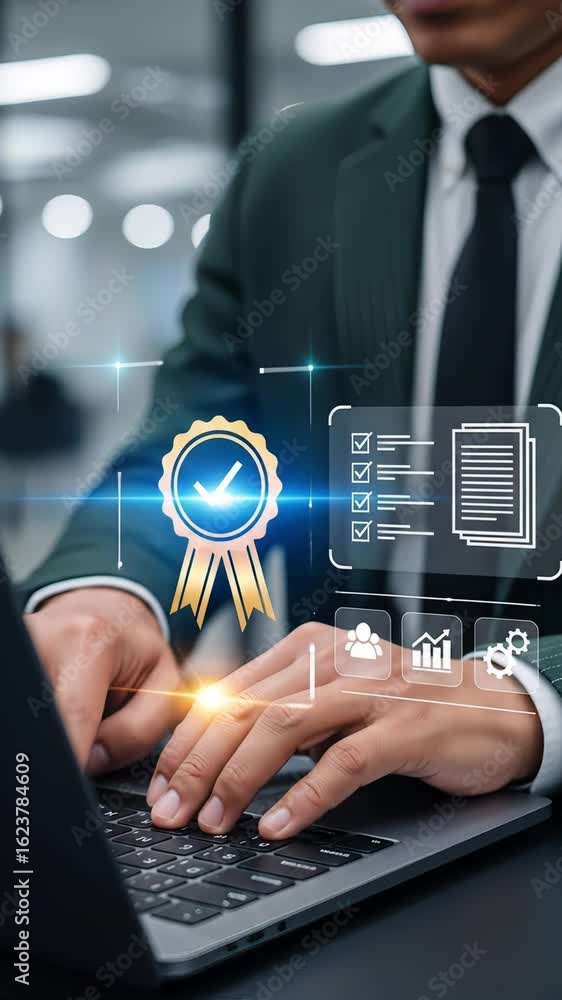 Poster businessman typing on laptop with digital certification badge, checklists and data icons appearing i