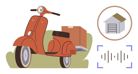 Red scooter carrying package, garage icon, and audio wave, representing delivery, smart homes, and automation. Ideal for logistics, tech, e-commerce mobility innovation transport smart solutions