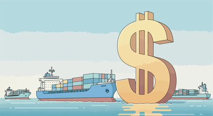 Illustration of a giant dollar sign forming a barrier in the ocean, blocking cargo ships with various countries’ flags, symbolizing US tariffs.