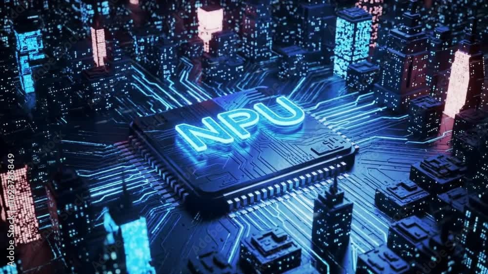 Poster a glowing npu microchip is at the center of a futuristic city with data flowing between skyscrapers.