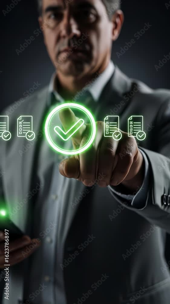 Poster businessman pressing a glowing digital checkmark icon with document symbols while holding a smartpho