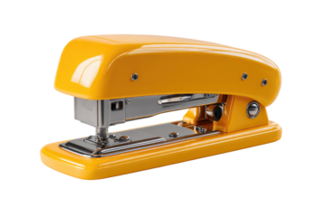 A bright yellow stapler, angled, with metal parts