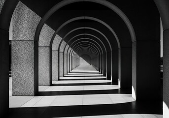 Monochromatic architectural perspective of repeating arches creating a dramatic tunnel effect with contrasting light and shadow
