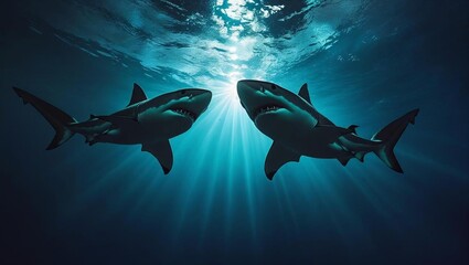 Obraz premium Large sharks swim gracefully from the depths toward sunlight, silhouetted against a glowing blue ocean surface