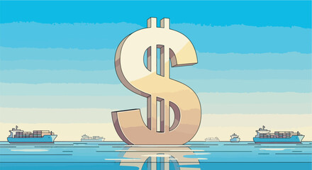 Illustration of a giant dollar sign forming a barrier in the ocean, blocking cargo ships with various countries’ flags, symbolizing US tariffs.