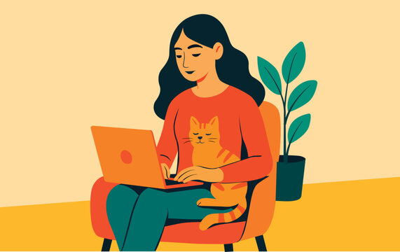 Ilustraci&oacute;n vectorial de una mujer sentada con una laptop en el regazo y un gato descansando sobre ella. Trabajo remoto en la comodidad de la casa y conexi&oacute;n emocional con mascotas.