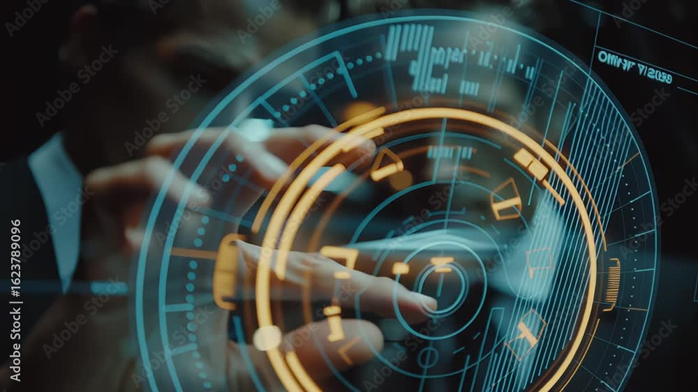Aufkleber businessman interacting with a glowing circular digital interface displaying futuristic data visuals