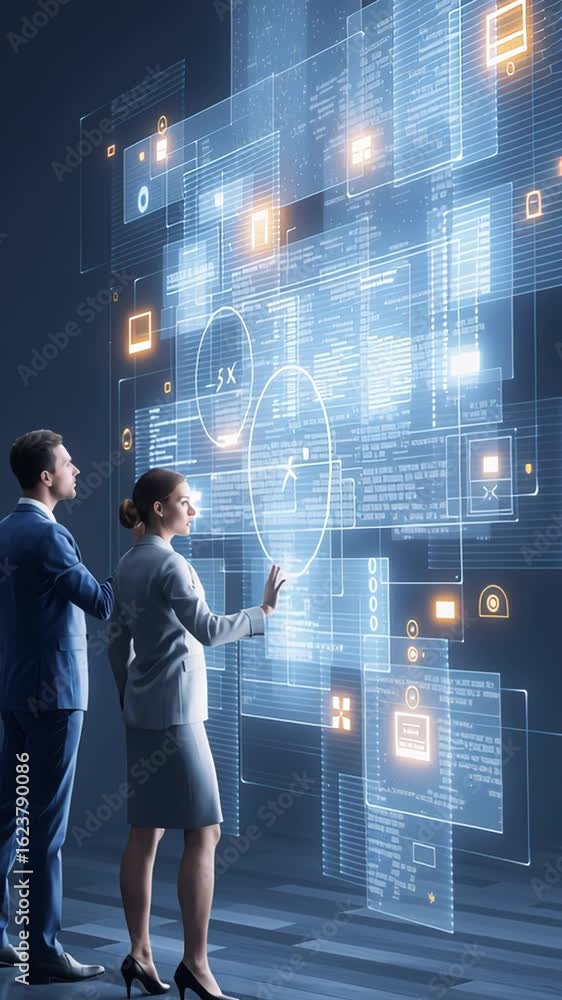Aufkleber business professionals interacting with a large transparent digital screen filled with floating data