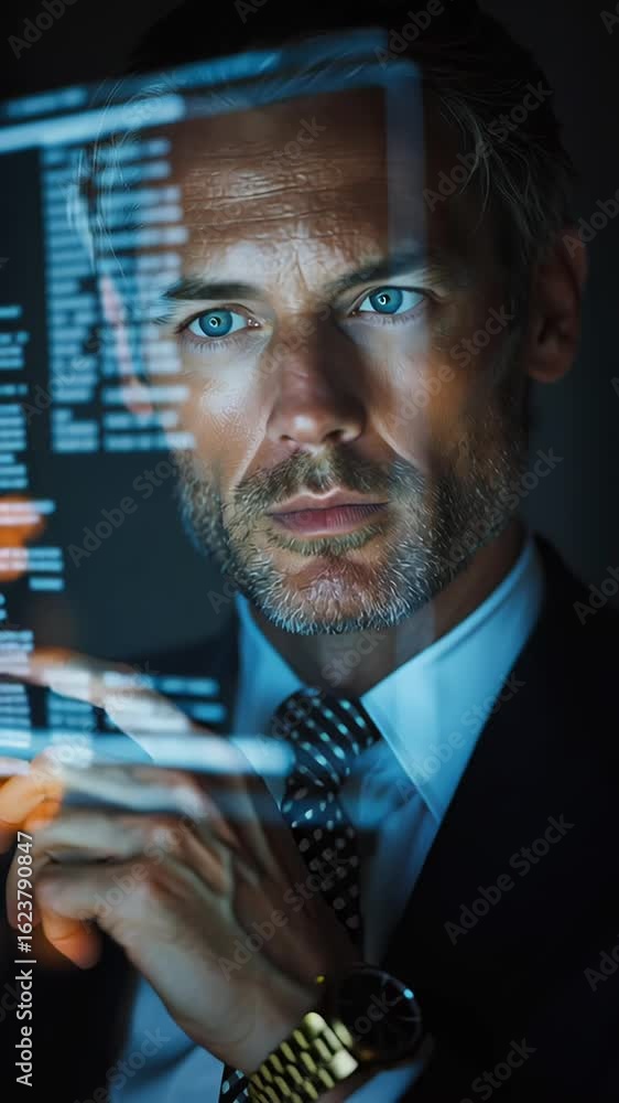 Poster close-up of a focused businessman looking through illuminated data reflections in a dark environment
