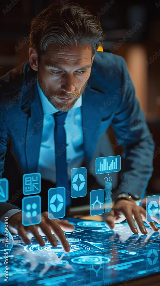 Aufkleber businessman using interactive digital interface with futuristic data icons and glowing charts on a t