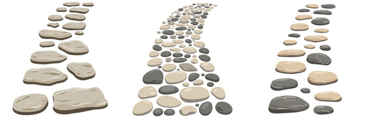 Garden path stones arranged in a curved layout with natural colors, transparent background, isolated, vector set 