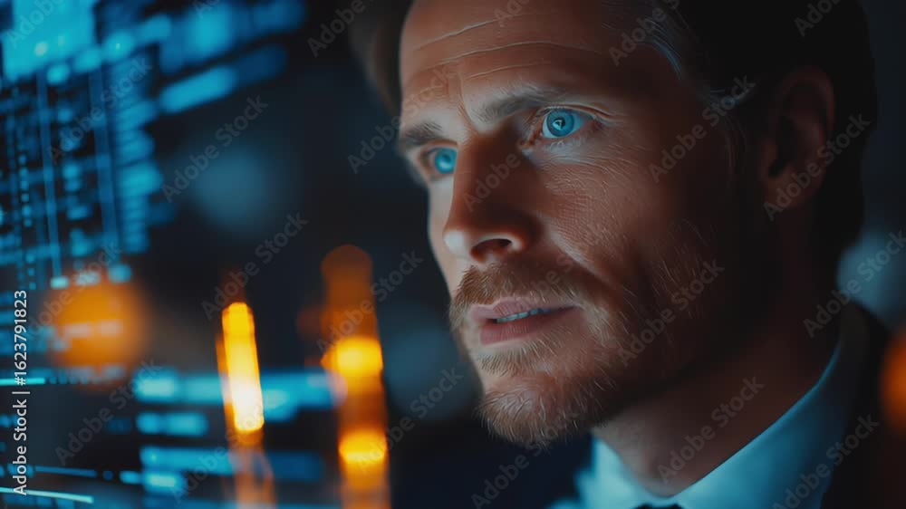 Aufkleber focused businessman interacting with a transparent digital screen displaying data and analytics in a