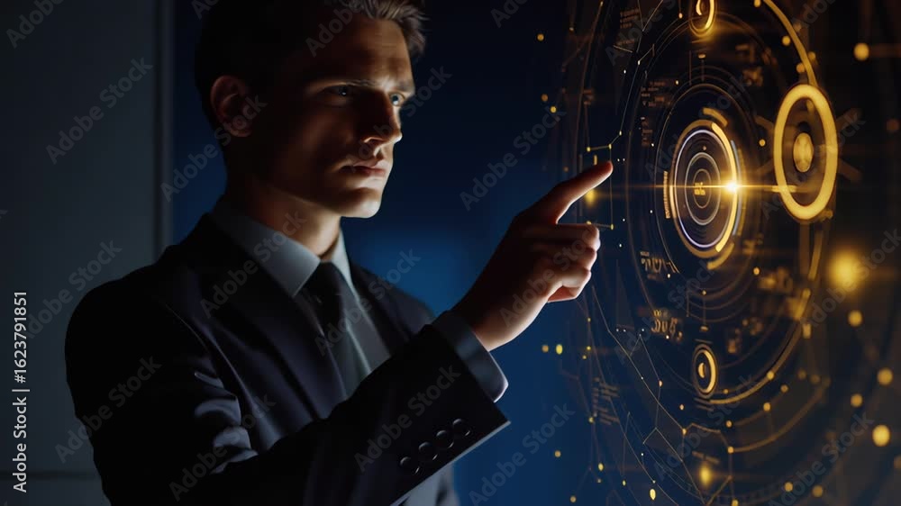 Aufkleber two businessmen intensely focused while interacting with a glowing circular digital interface in a d