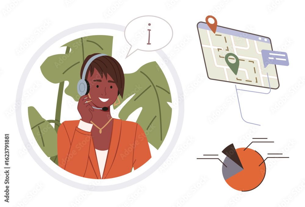 Aufkleber person wearing a headset communicating, with a map displaying location points and a data pie chart. 