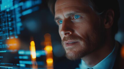 Focused businessman interacting with a transparent digital screen displaying data and analytics in a dark futuristic setting. Concept of digital innovation, smart technology and business intelligence
 - Powered by Adobe