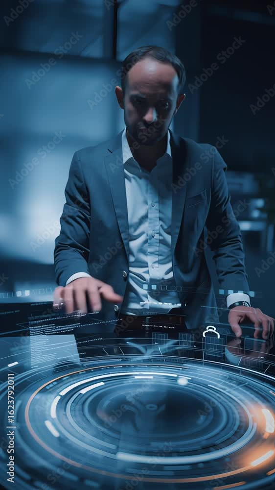 Aufkleber business professional interacting with a futuristic digital interface displaying circular data visua