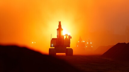 A dramatic scene with a construction vehicle silhouetted against a vibrant sunset. The image captures the industrial beauty and the power of machinery in action. Perfect for showcasing hard work. AI