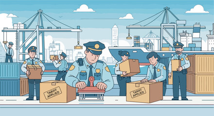 Illustration of a busy port with US customs officers inspecting cargo, stamping them with 'TARIFF APPLIED' labels.