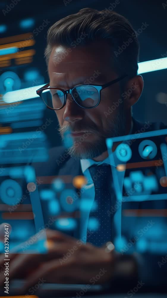Poster focused businessman working on futuristic transparent screens with data analytics and charts in a da