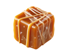 A close-up view of a caramel candy cube.  Drizzled with white  caramel.  Golden-brown hue.  Solid cube shape
