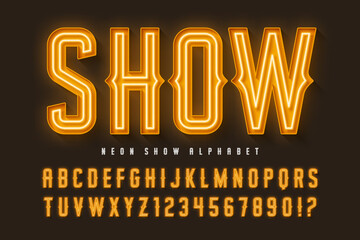Retro circus alphabet design, cabaret, fairy neon lamps letters and numbers.