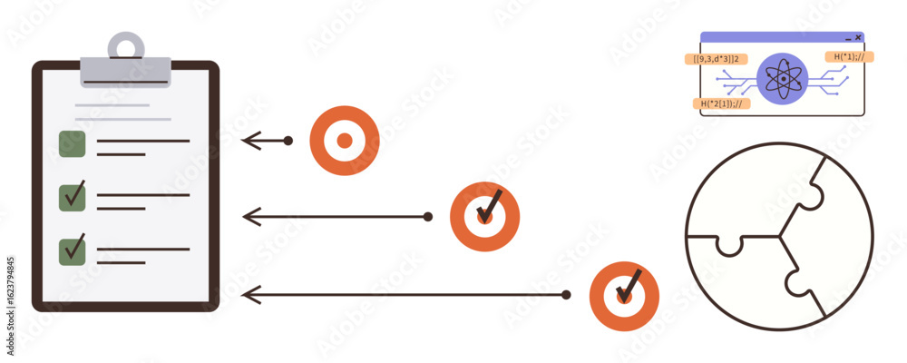 Poster checklist with three tasks, arrows pointing to targets, puzzle piece circle, atomic element card. id