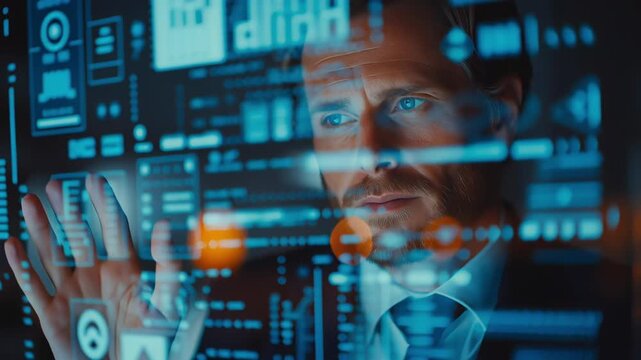 Focused businessman interacting with a futuristic transparent screen displaying complex data visualizations and graphs. Concept of digital analytics, innovation and virtual interface
 - Powered by Adobe