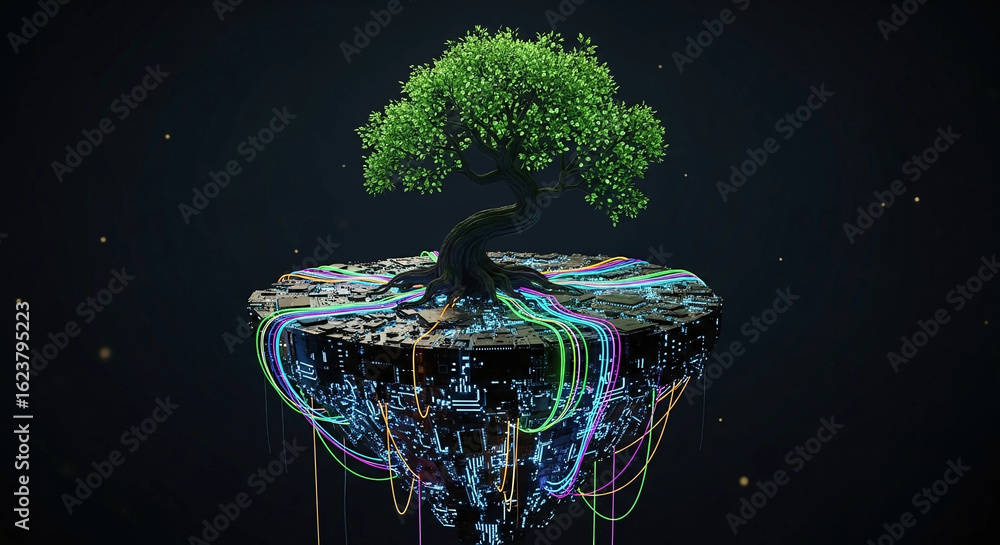 Poster a digital tree growing on a circuit board island, symbolizing the connection between nature and tech