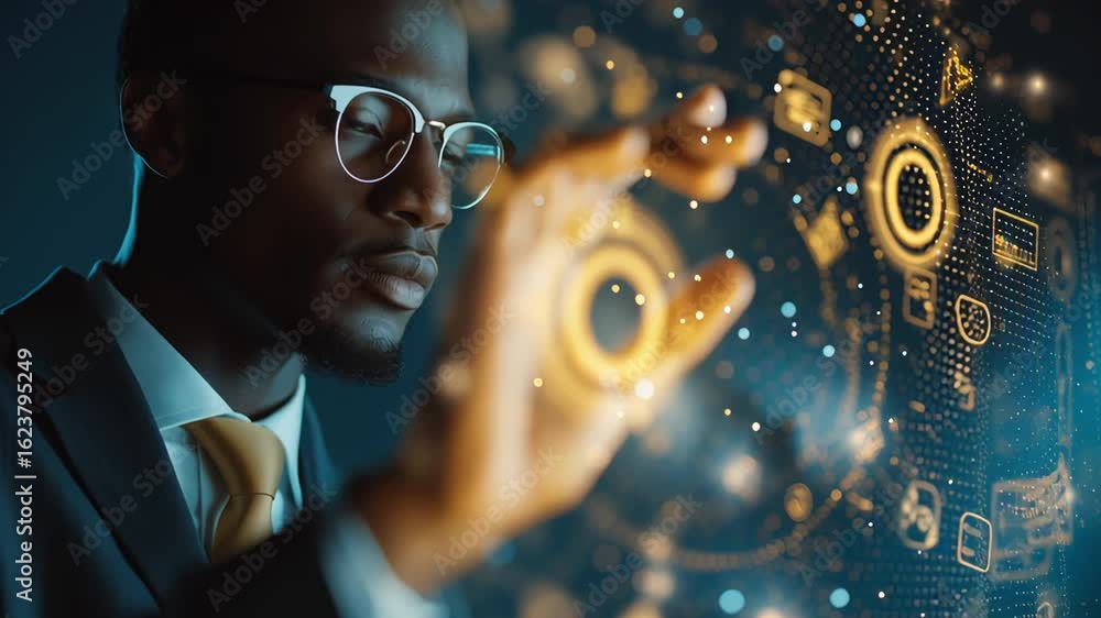 Poster confident african american businessman using futuristic digital interface with glowing data icons an