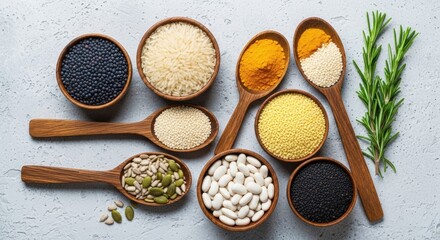 Colorful Array of Grains, Seeds, and Legumes in Wooden Bowls and Spoons on Textured Background