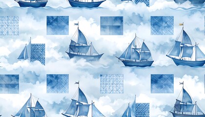 Blue sailing ships on cloudy sea, repeating pattern