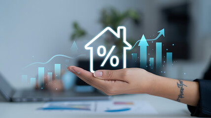Hand holding house with percentage sign and rising graph in a business setting