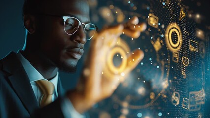 Confident African American businessman using futuristic digital interface with glowing data icons and charts. Concept of innovation, virtual interaction and smart technology
 - Powered by Adobe