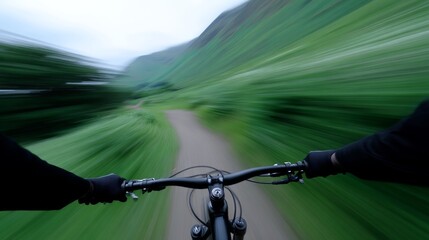 A dynamic view of mountain biking on a lush green path. The speed and thrill are captured as the bike races through nature. Perfect for adventure and outdoor enthusiasts. AI