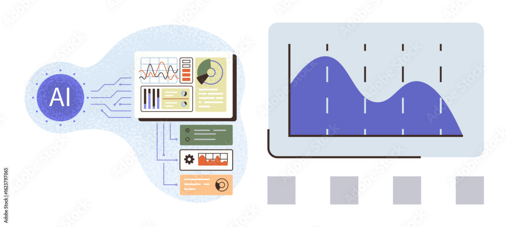 Poster ai processing data with dashboard panels, bar charts, line graphs. ideal for technology, analytics, 