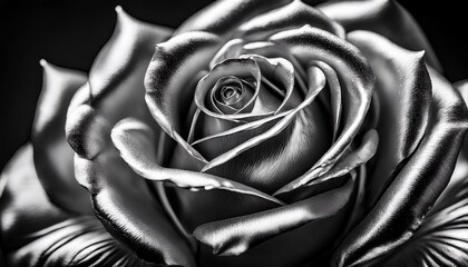 close up of a shimmering metallic rose with petal details showing texture reflective surface and elegance in monochrome rendering