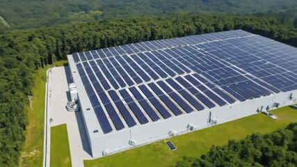 Aerial view of a large-scale data center powered by sustainable energy with solar panels on the roof, surrounded by greenery. 4k video - Powered by Adobe