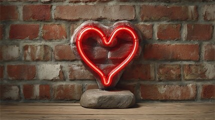 A glowing neon heart sign hanging on a rustic brick wall, with soft light casting heart-shaped reflections and shadows on surrounding surfaces